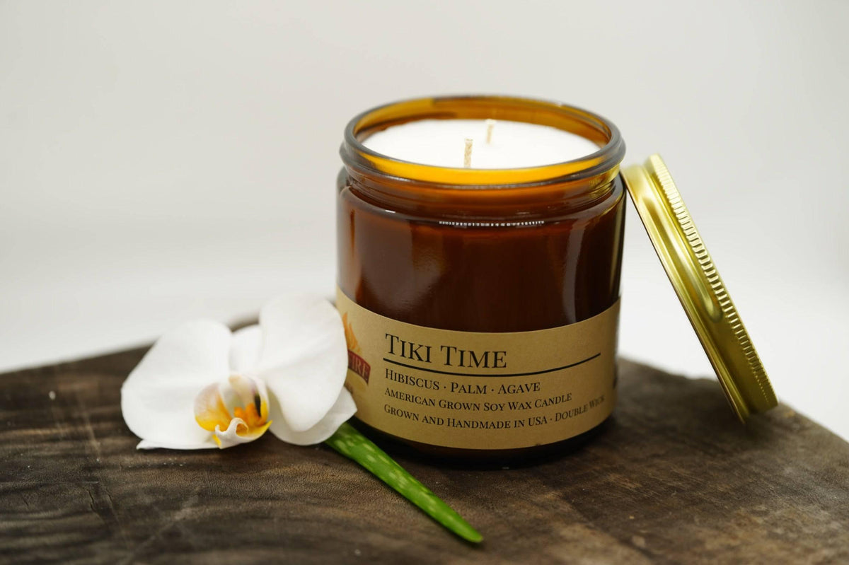 PRAIRIE FIRE Tiki Time Soy Wax Candle | 16 oz Double Wick Amber Apothecary Jar