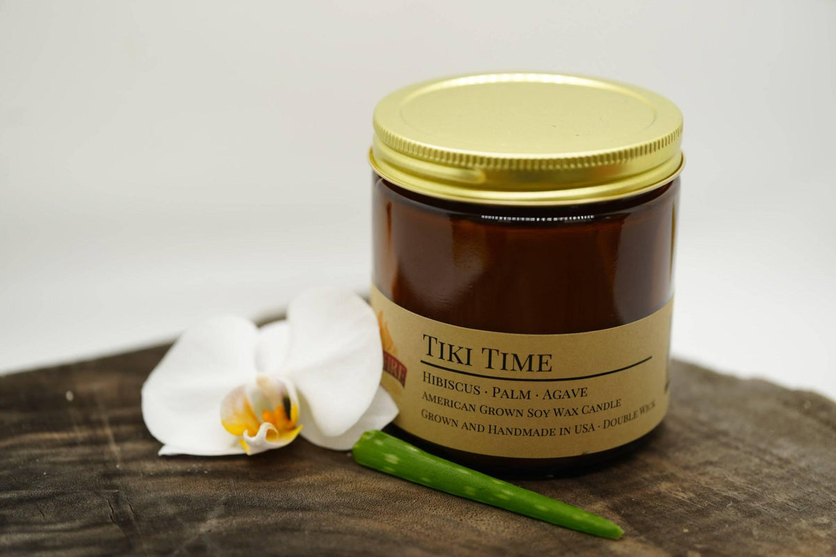 PRAIRIE FIRE Tiki Time Soy Wax Candle | 16 oz Double Wick Amber Apothecary Jar