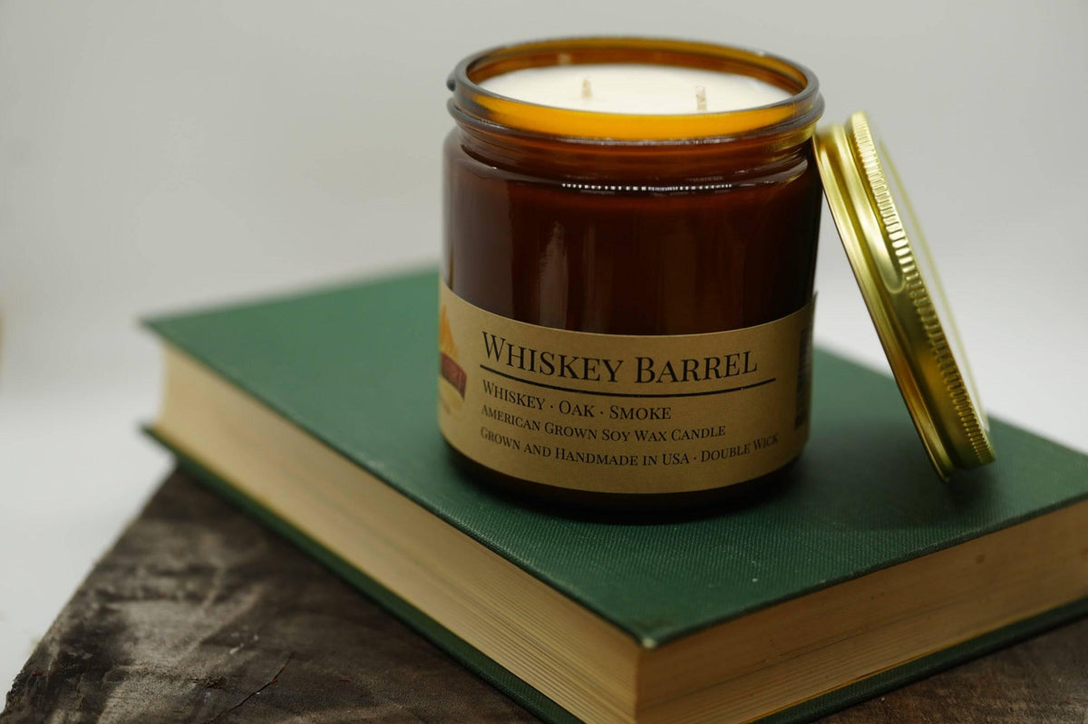 PRAIRIE FIRE Whiskey Barrel Soy Wax Candle | 16 oz Double Wick Amber Apothecary Jar