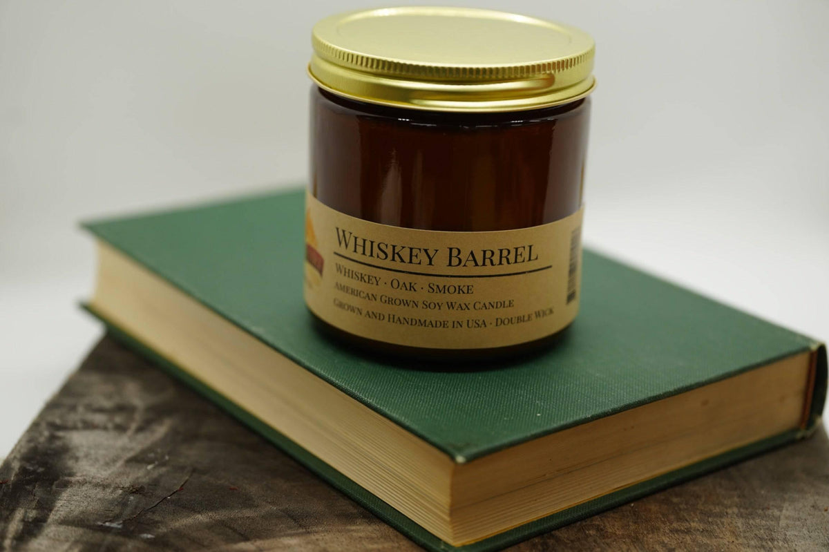PRAIRIE FIRE Whiskey Barrel Soy Wax Candle | 16 oz Double Wick Amber Apothecary Jar