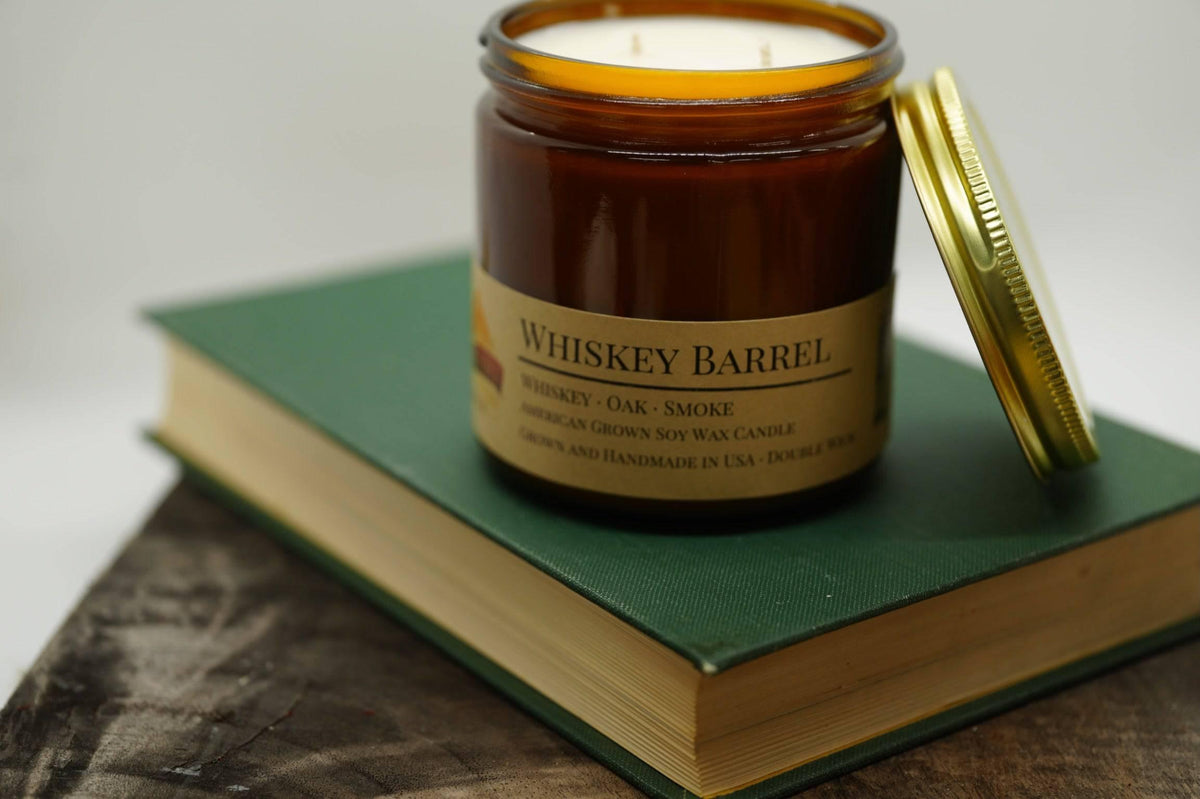 PRAIRIE FIRE Whiskey Barrel Soy Wax Candle | 16 oz Double Wick Amber Apothecary Jar