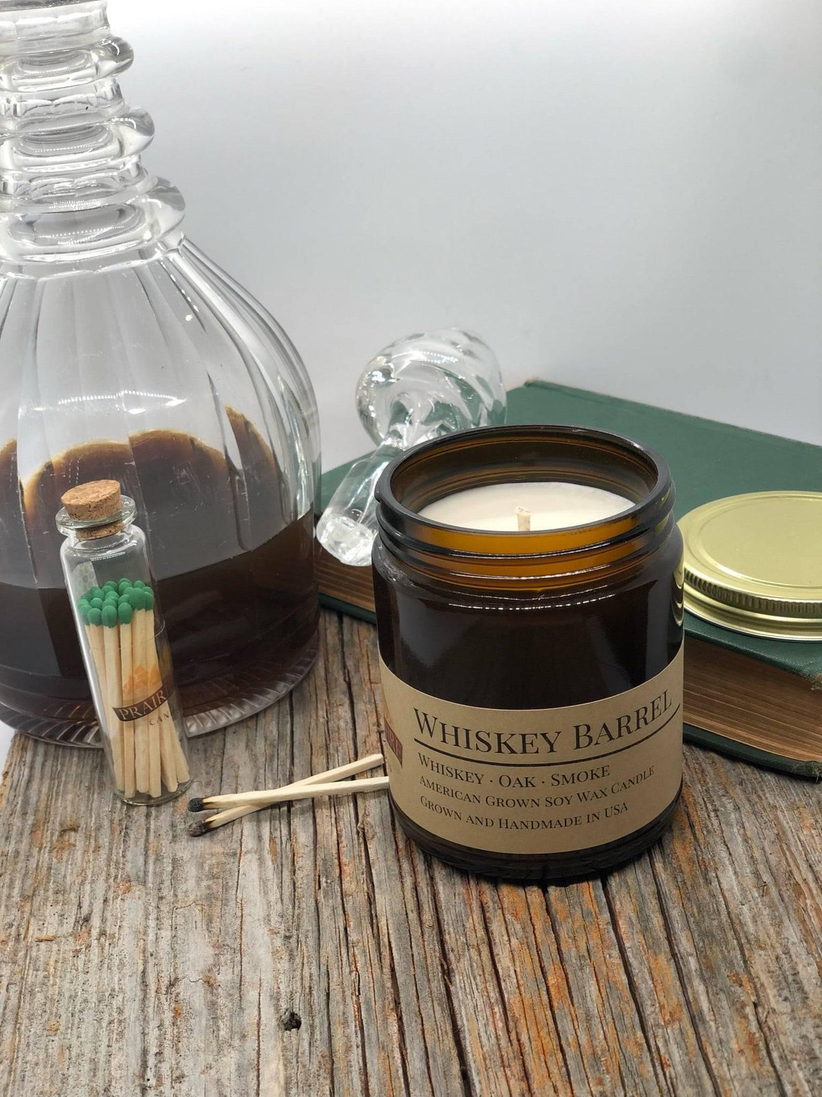 PRAIRIE FIRE Whiskey Barrel Soy Wax Candle | 9 oz Amber Apothecary Jar