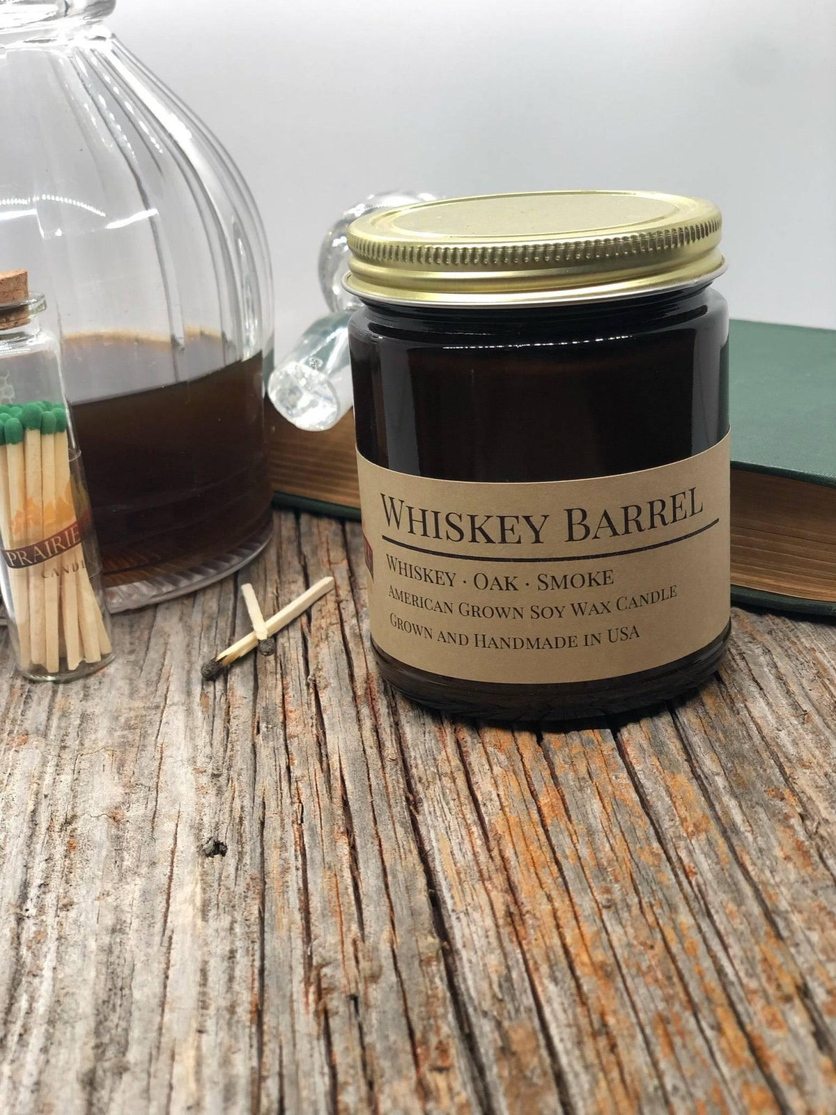 PRAIRIE FIRE Whiskey Barrel Soy Wax Candle | 9 oz Amber Apothecary Jar