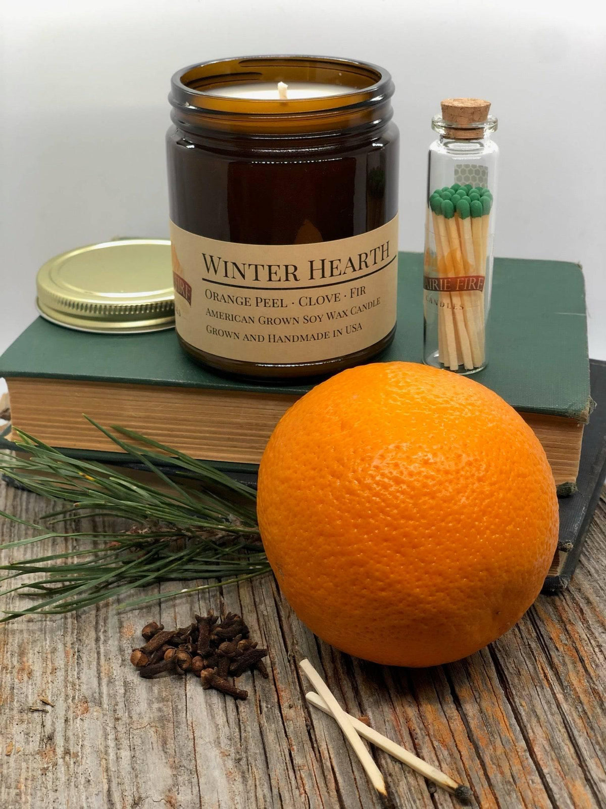 PRAIRIE FIRE Winter Hearth Soy Wax Candle | 9 oz Amber Apothecary Jar