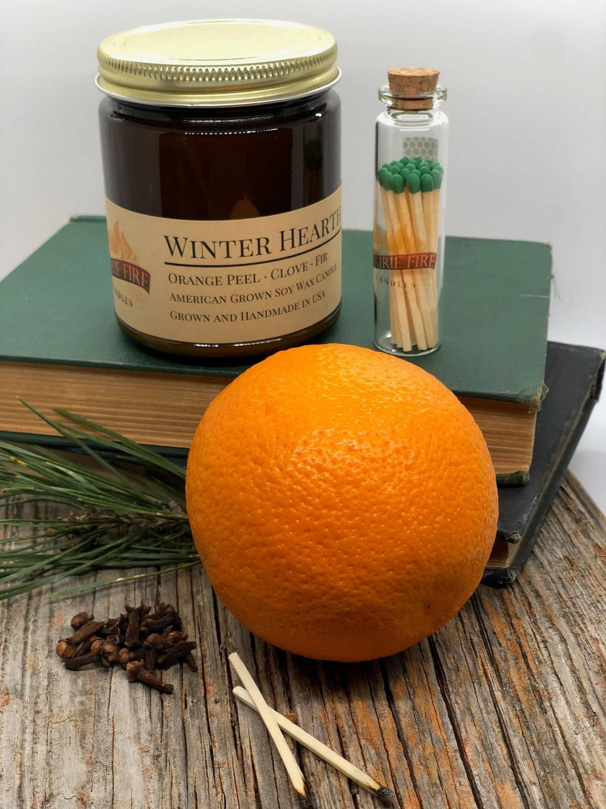PRAIRIE FIRE Winter Hearth Soy Wax Candle | 9 oz Amber Apothecary Jar